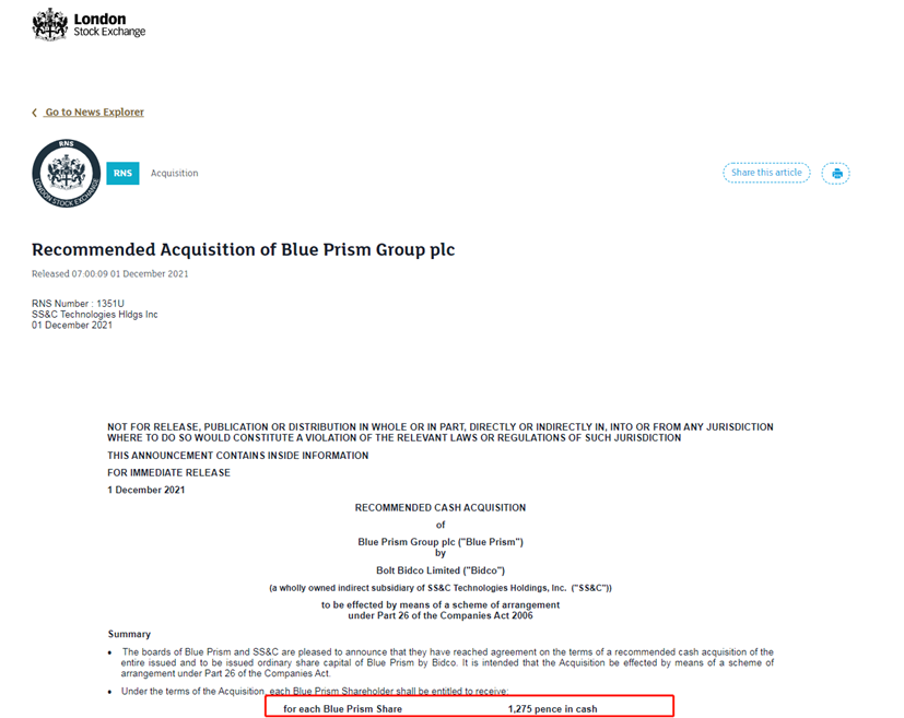 金融巨頭SS&C以12.43億英鎊，收購RPA鼻祖Blue Prism