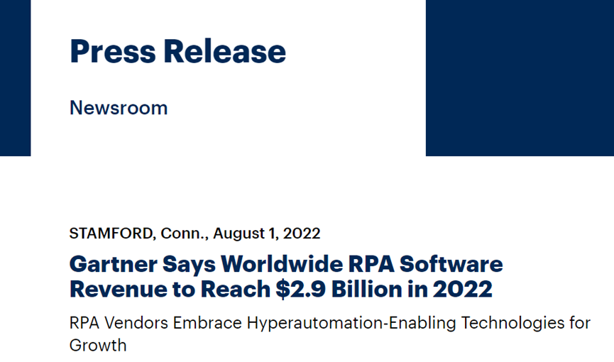 Gartner：2022年全球RPA市場收入，將達到29億美元